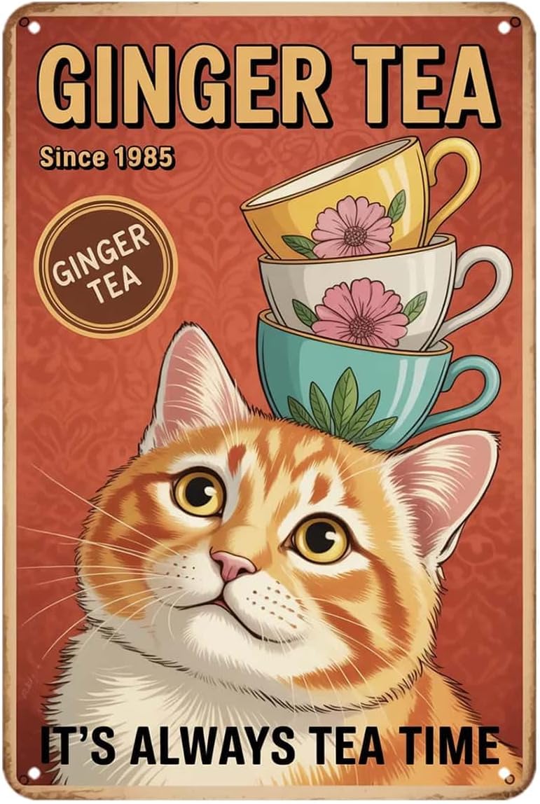 Ginger Tea - Cute Cat Ginger Tea Tin Sign